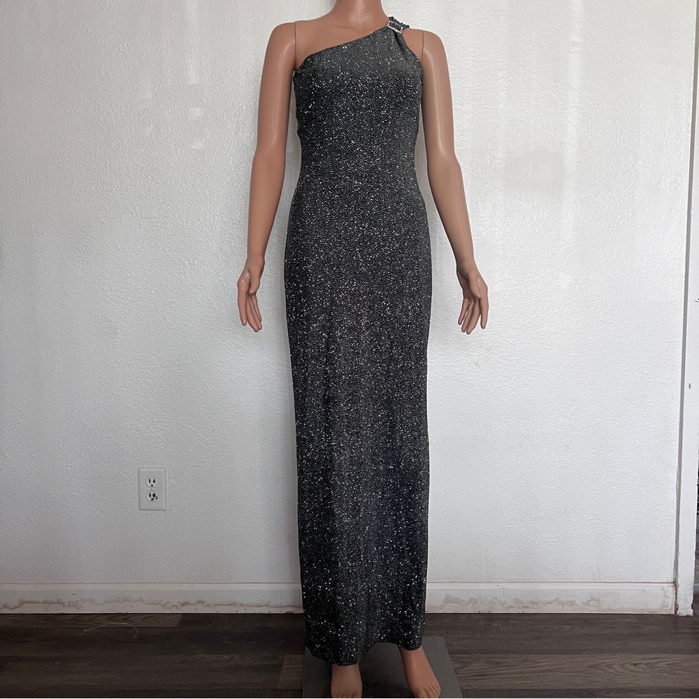 Vintage 90s Y2K Glitter One Shoulder Maxi Dress / Rhinestone Buckle Prom Gown